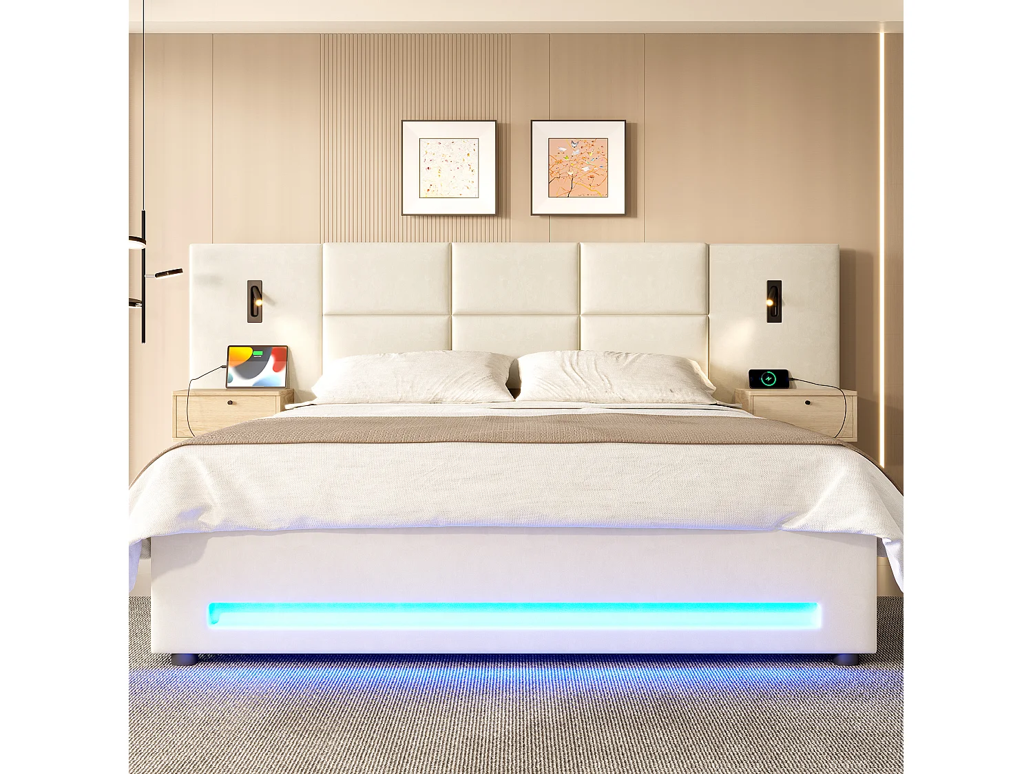 Cama estofada com sistema hidráulico de arrumação - 180 x 200 cm - com cabeceira com 2 gavetas + LEDs + USB-C - veludo - bege