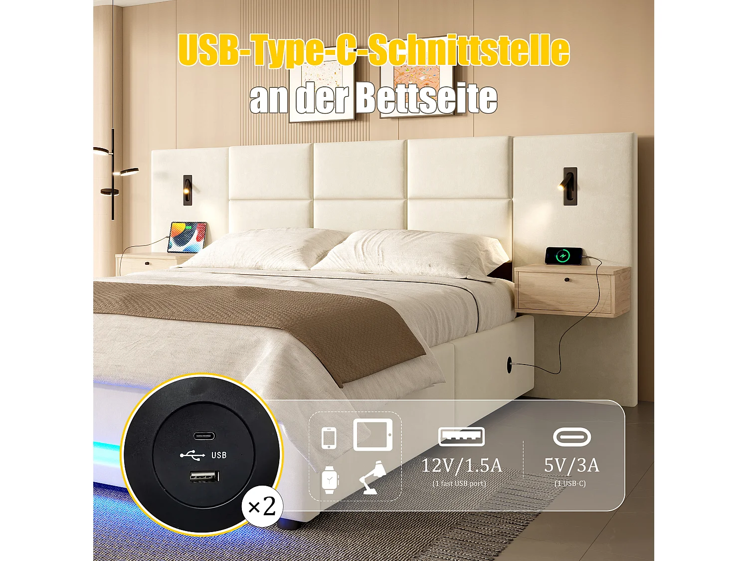 Cama estofada com sistema hidráulico de arrumação - 180 x 200 cm - com cabeceira com 2 gavetas + LEDs + USB-C - veludo - bege