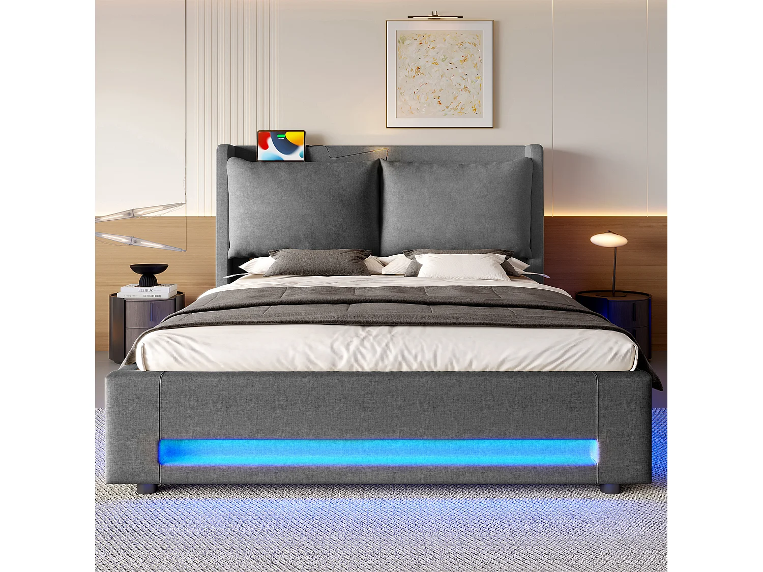 Moderne seng med opbevaring - 140 x 200 cm - med hovedgærde + USB-C + LED'er + aftagelige hynder - fløjl - mørkegrå