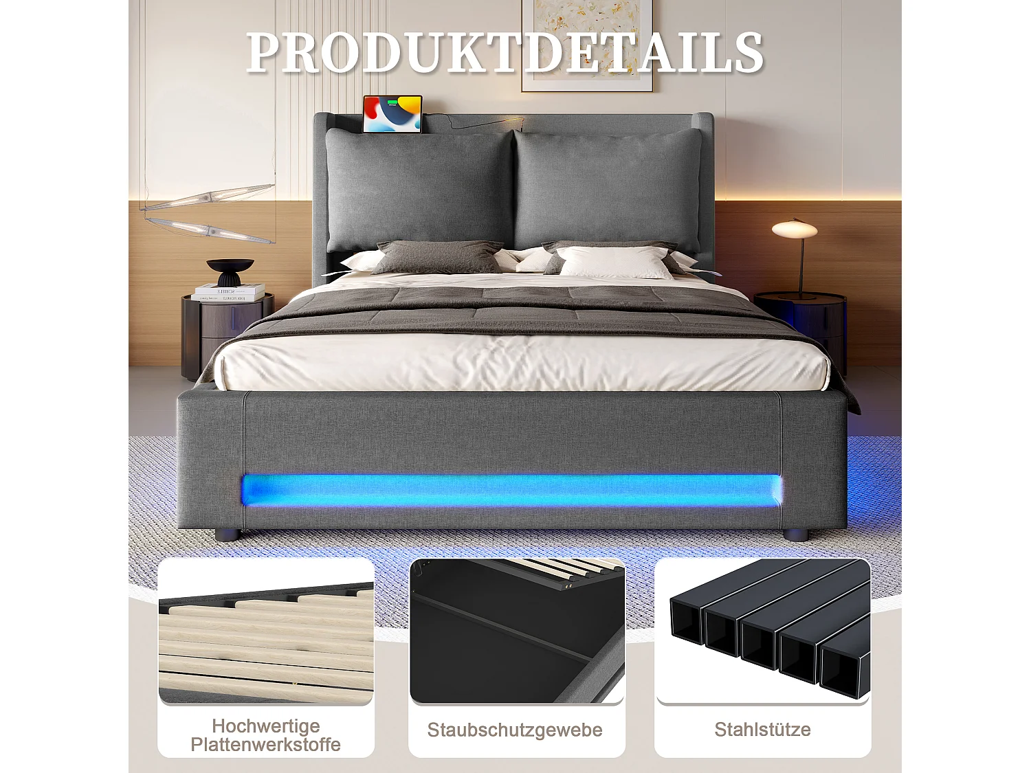 Moderne seng med opbevaring - 140 x 200 cm - med hovedgærde + USB-C + LED'er + aftagelige hynder - fløjl - mørkegrå