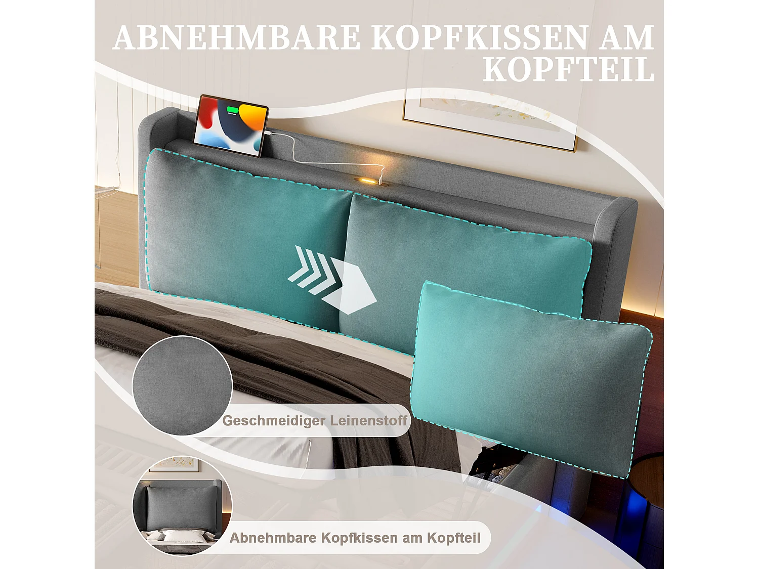 Moderne seng med opbevaring - 140 x 200 cm - med hovedgærde + USB-C + LED'er + aftagelige hynder - fløjl - mørkegrå