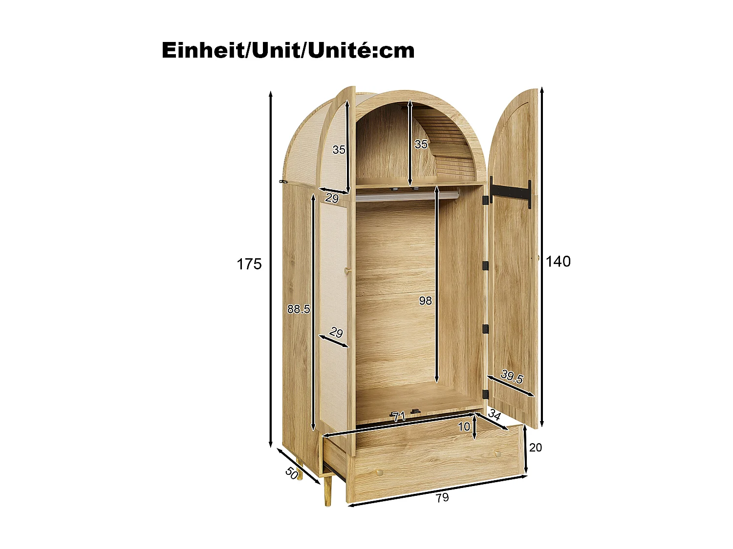 Armoire élégante - 79 x 50 x 175 cm - avec 2 portes + 1 tiroir - pieds robustes en bois - MDF - naturel
