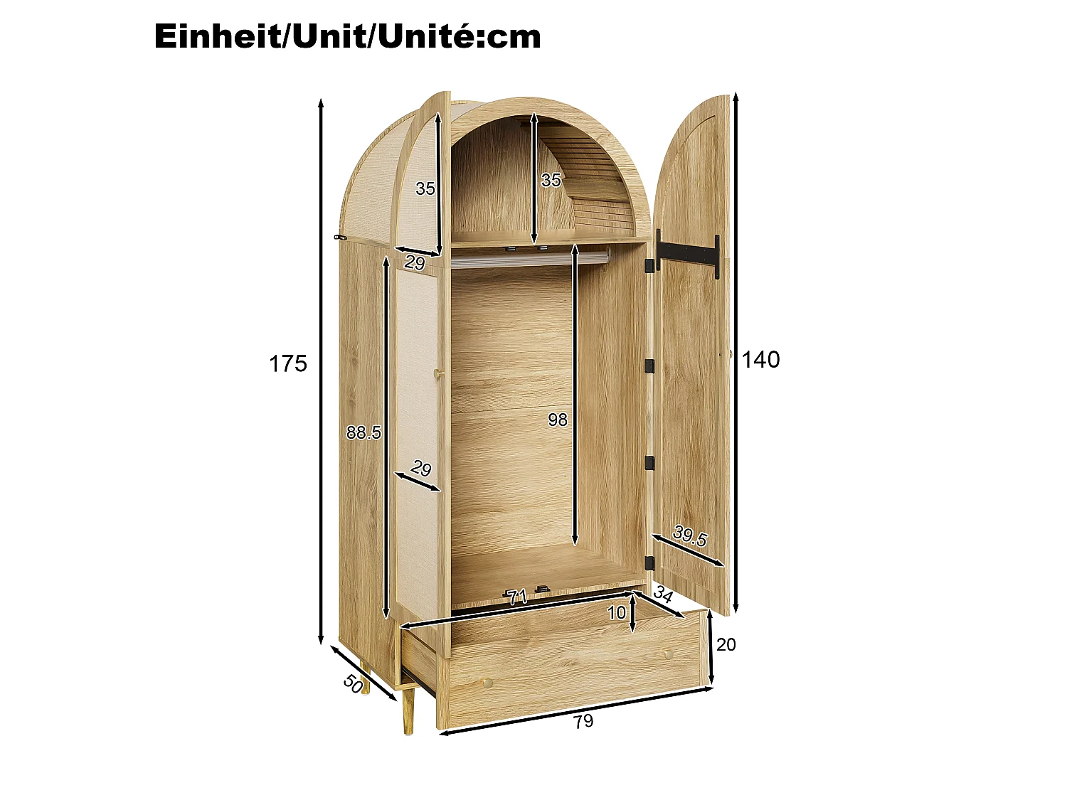 Elegant wardrobe - 79 x 50 x 175 cm - with 2 doors + 1 drawer - sturdy wooden legs - MDF - natural