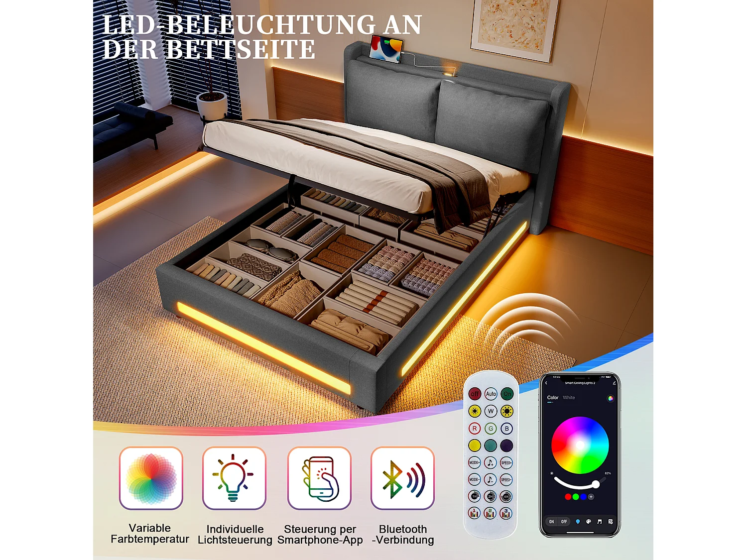 Lit coffre moderne - 140 x 190 cm - avec tête de lit + USB-C + Leds + coussins amovibles - velours - gris foncé