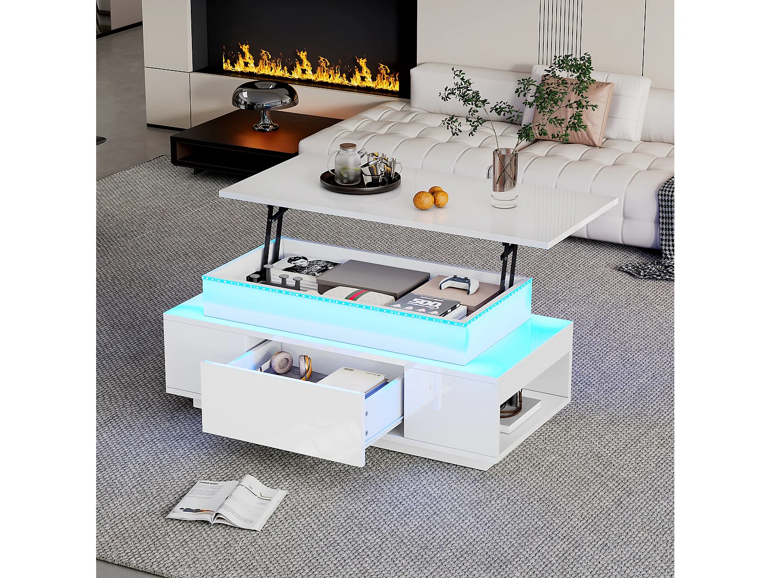 Stolik kawowy z podnoszonym blatem, ukrytym schowkiem i szufladą - 96 x 45 x 40 cm - z diodami LED - płyta wiórowa - biały