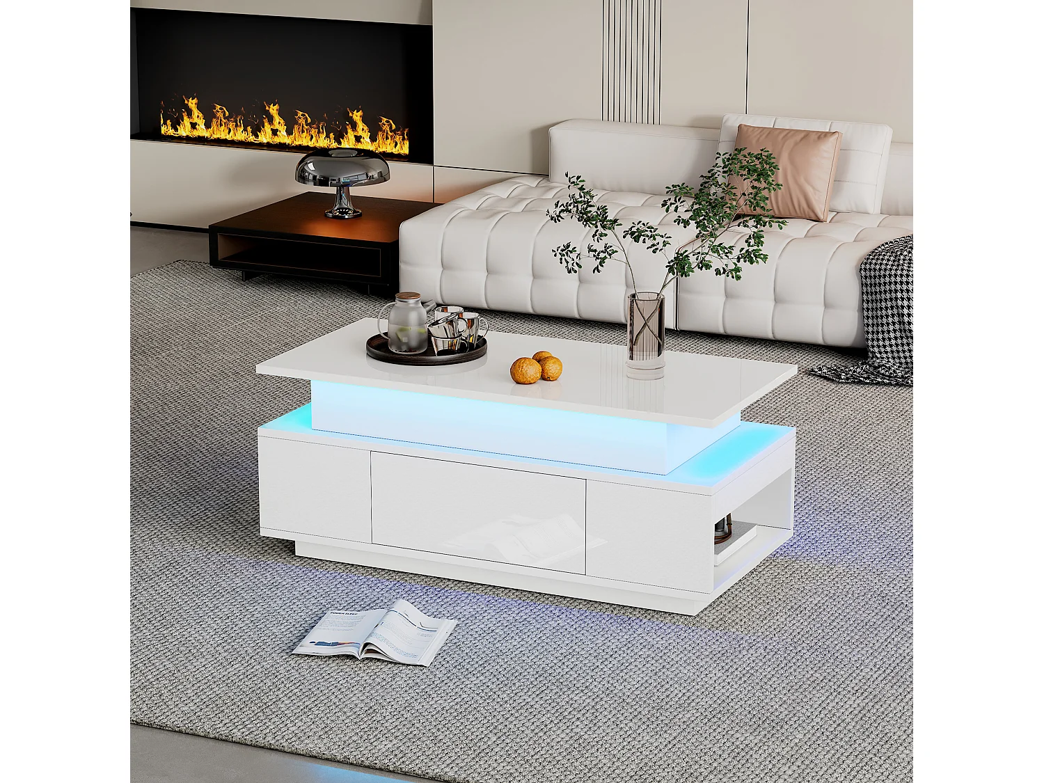 Stolik kawowy z podnoszonym blatem, ukrytym schowkiem i szufladą - 96 x 45 x 40 cm - z diodami LED - płyta wiórowa - biały