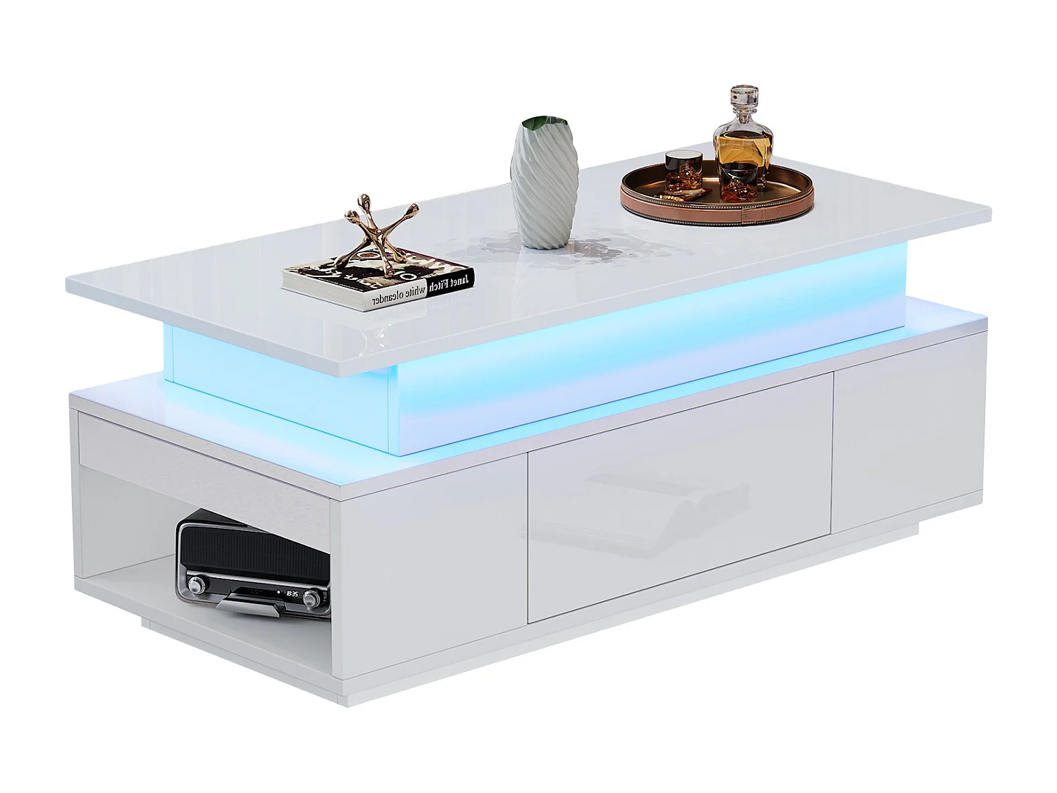 Stolik kawowy z podnoszonym blatem, ukrytym schowkiem i szufladą - 96 x 45 x 40 cm - z diodami LED - płyta wiórowa - biały