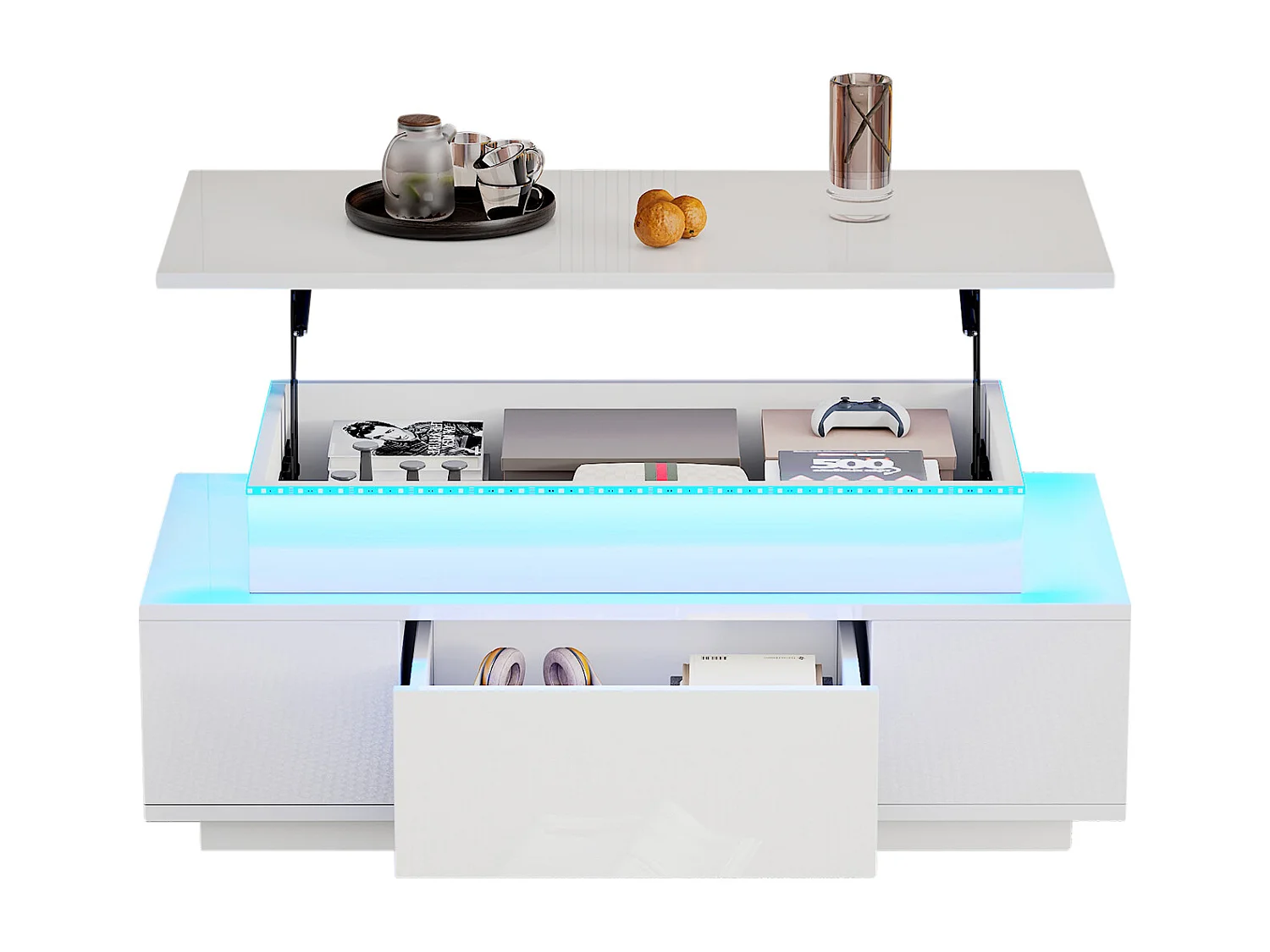 Stolik kawowy z podnoszonym blatem, ukrytym schowkiem i szufladą - 96 x 45 x 40 cm - z diodami LED - płyta wiórowa - biały