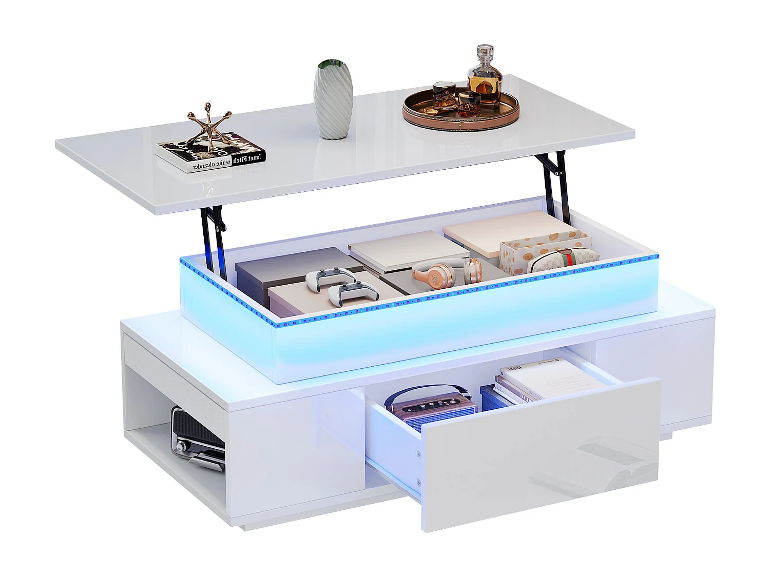 Couchtisch mit Klappdeckel, integriertem Stauraum und Schublade – 96 x 45 x 40 cm – mit LED-Beleuchtung – Spanplatte – weiß