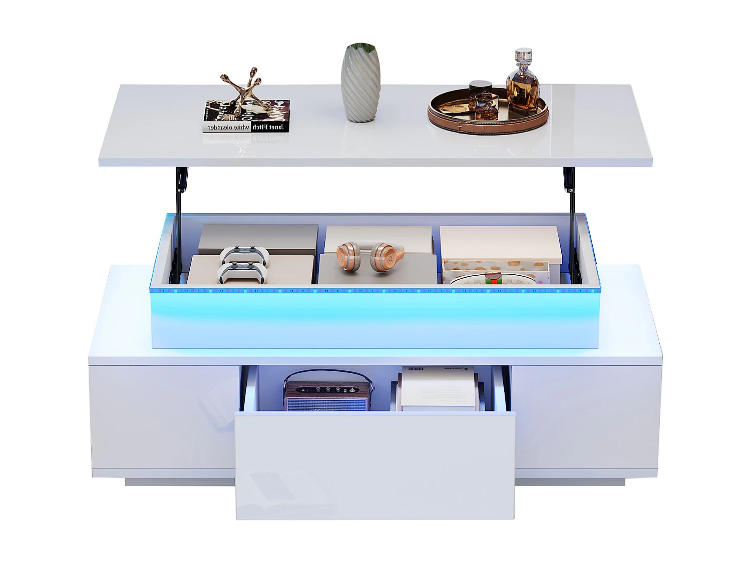 Couchtisch mit Klappdeckel, integriertem Stauraum und Schublade – 96 x 45 x 40 cm – mit LED-Beleuchtung – Spanplatte – weiß