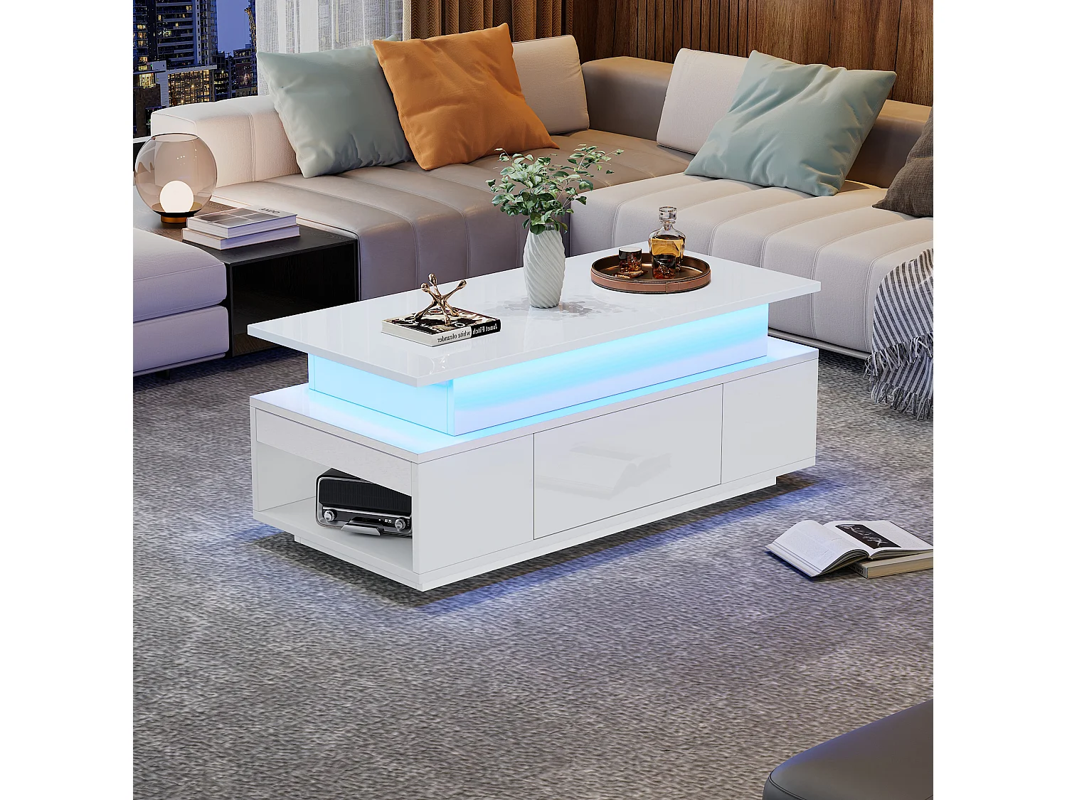 Lyftbart soffbord med dold förvaring och låda - 96 x 45 x 40 cm - med LED-lampor - spånskiva - vit