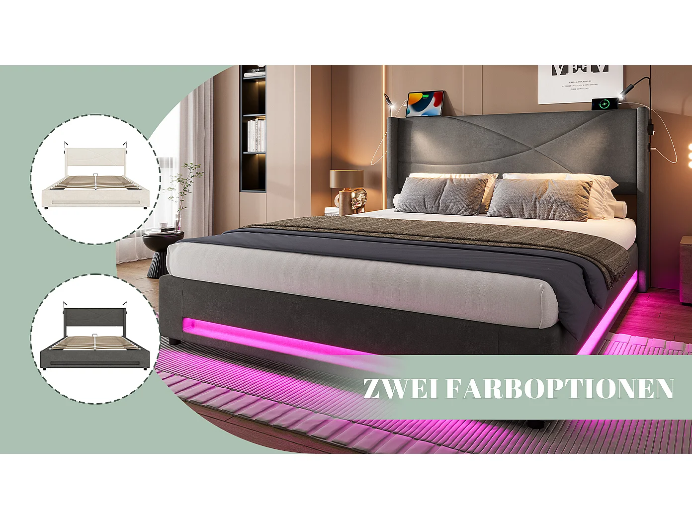 Letto contenitore matrimoniale - 140 x 200 cm - con 2 luci di lettura + LED + contenitore idraulico + USB - velluto - grigio