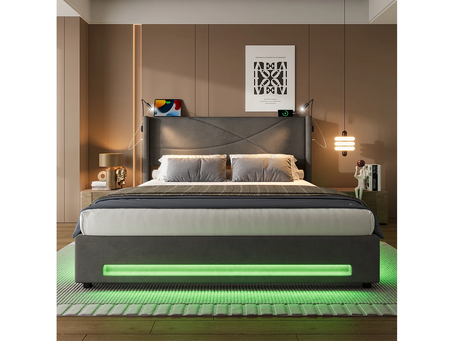 Lit coffre double - 140 x 200 cm - avec 2 lampes de lecture + Leds + rangement hydraulique + USB - velours - gris