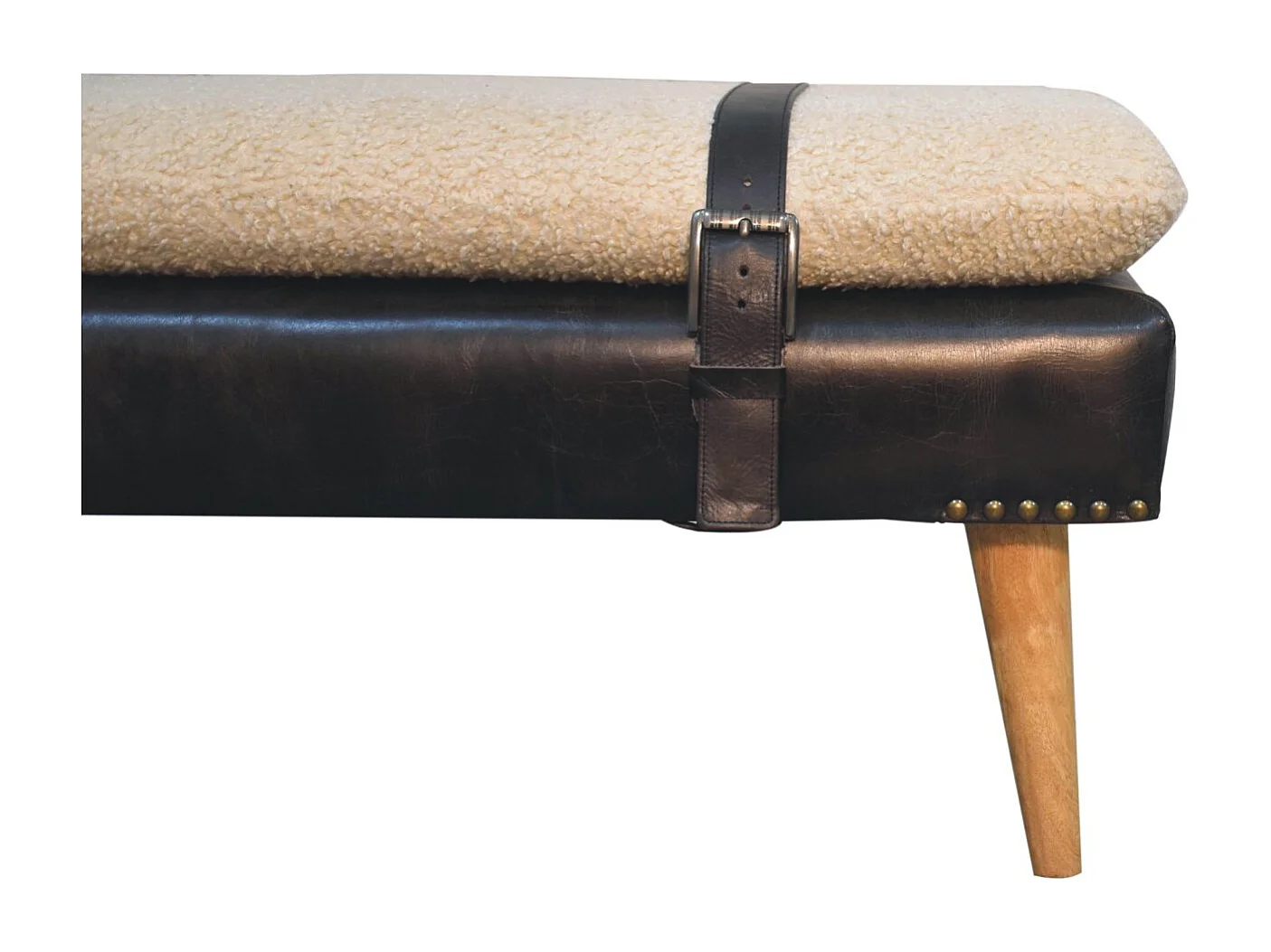 Artisan Furniture Massivholz Bouclé-Bank aus schwarzem Büffelleder