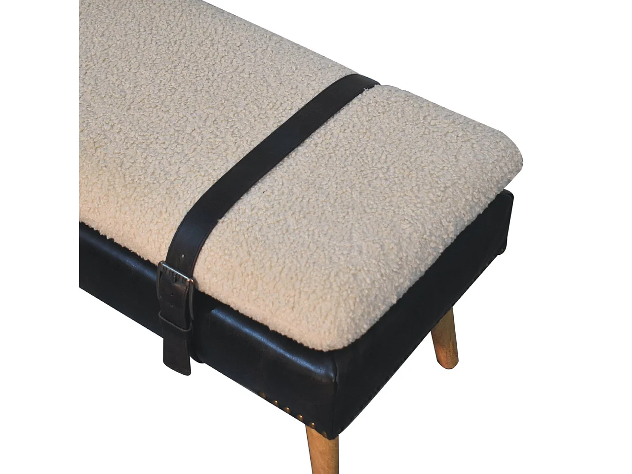 Artisan Furniture Massivholz Bouclé-Bank aus schwarzem Büffelleder