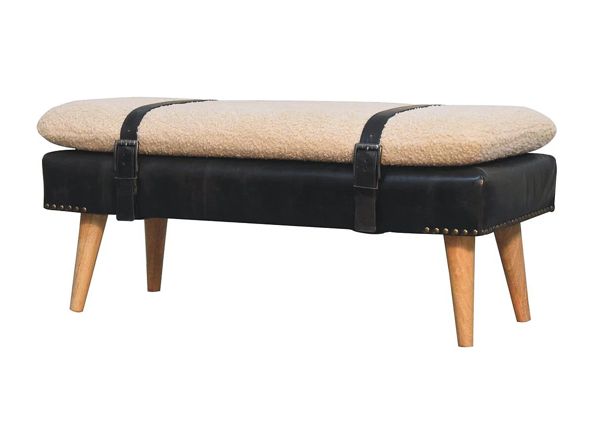 Artisan Furniture Bois massif Banc en Cuir Noir de Buffle et Tissu Bouclé