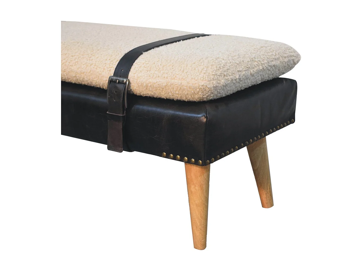 Artisan Furniture Lite drewno Ławka z Czarnej Skóry Bawolej Bouclé