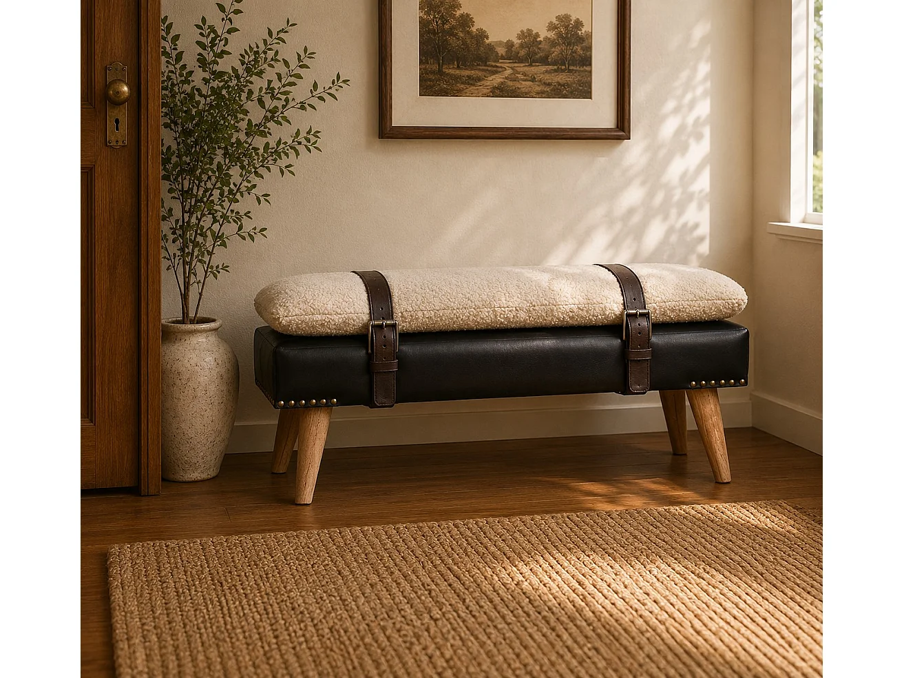 Artisan Furniture Bois massif Banc en Cuir Noir de Buffle et Tissu Bouclé