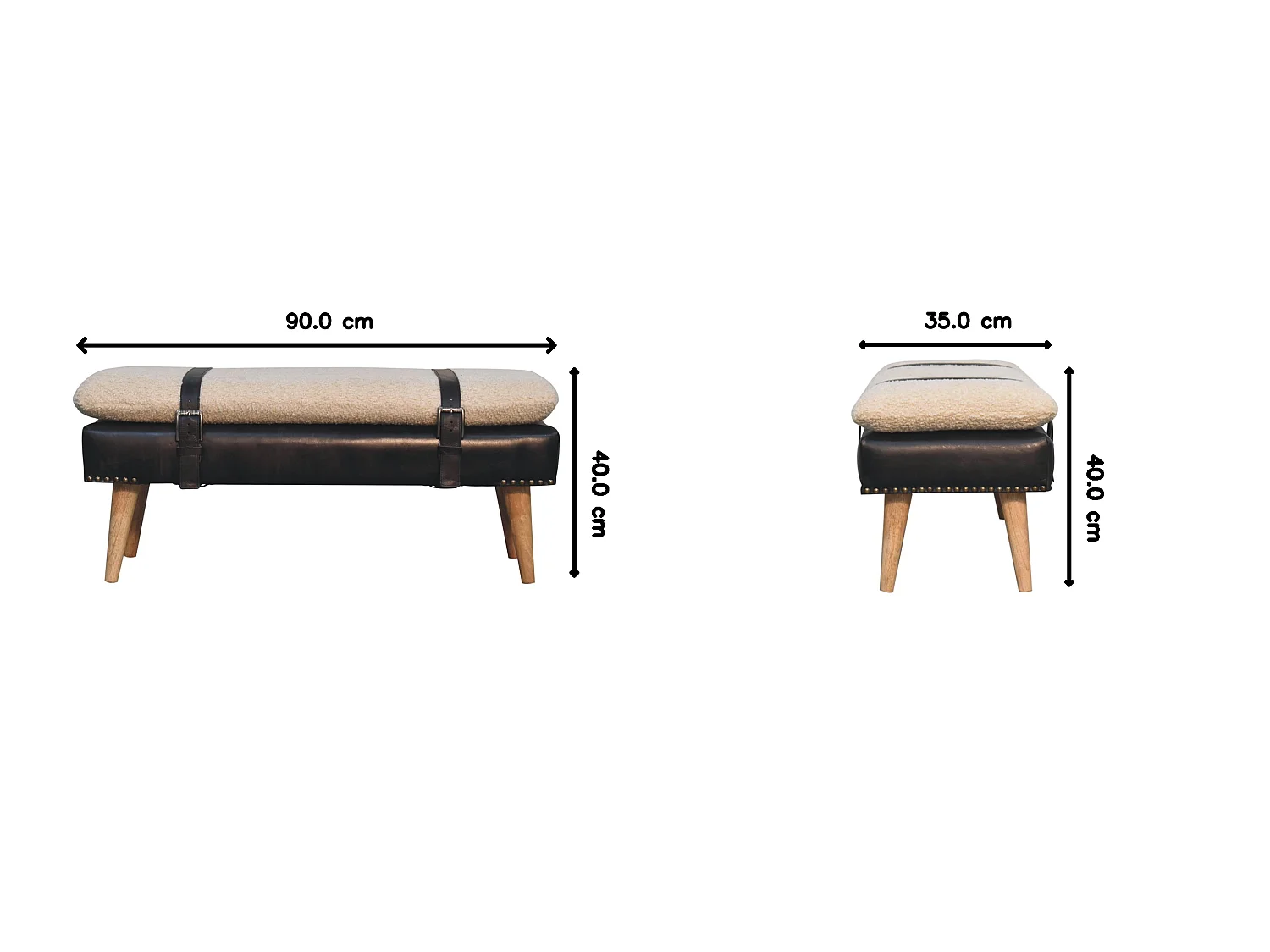 Artisan Furniture Bois massif Banc en Cuir Noir de Buffle et Tissu Bouclé