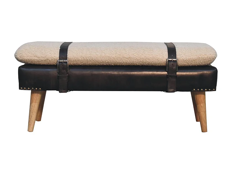 Artisan Furniture Massivholz Bouclé-Bank aus schwarzem Büffelleder