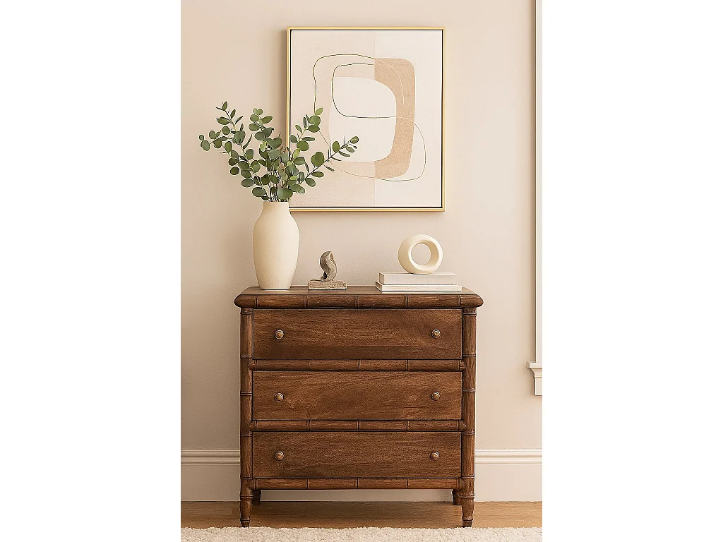 Artisan Furniture Bois massif Commode Sculpée en Bambou à 3 Tiroirs