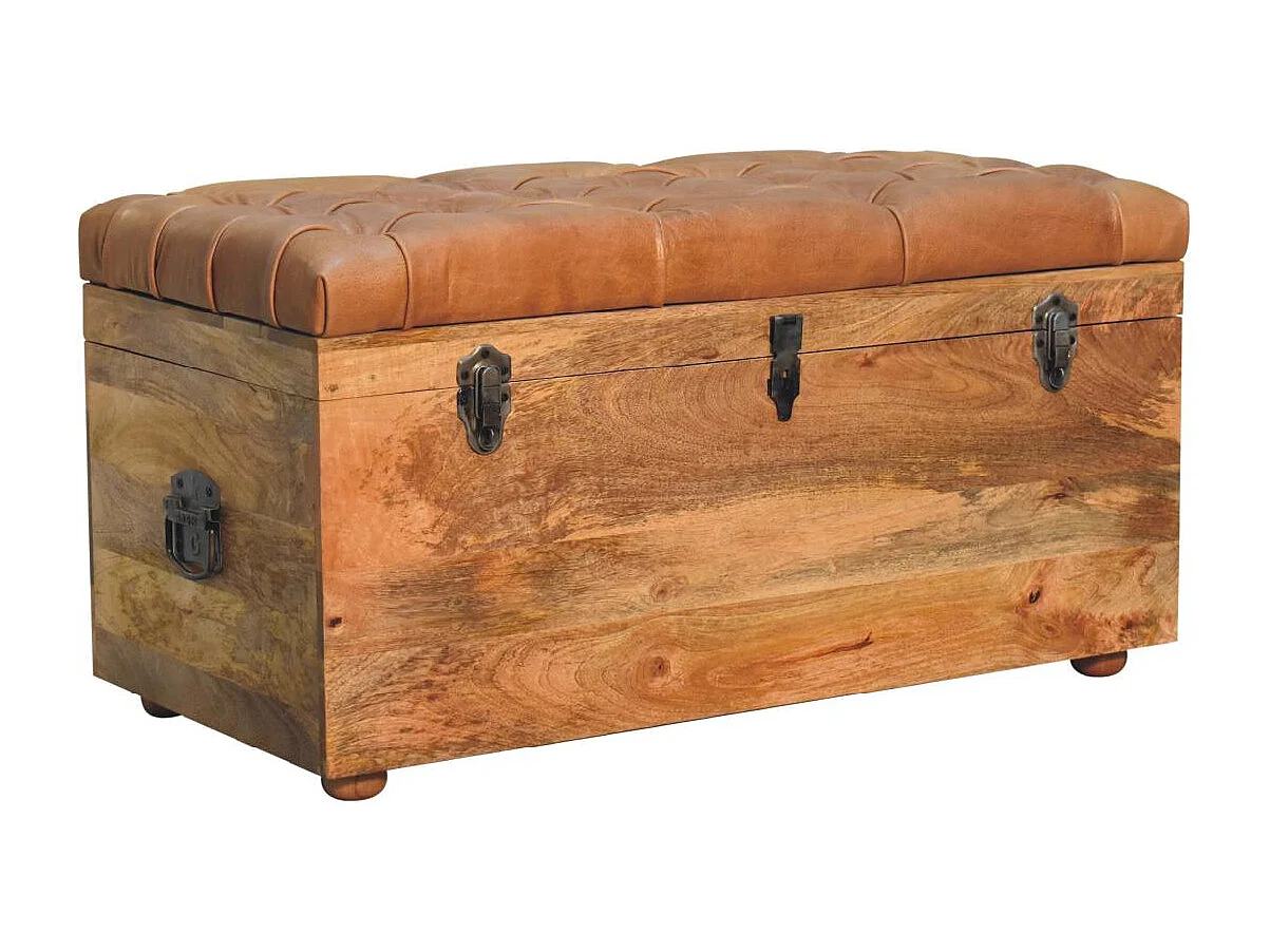 Artisan Furniture Bois massif Coffre de Rangement en Cuir de Buffle Finition Chêne Clair