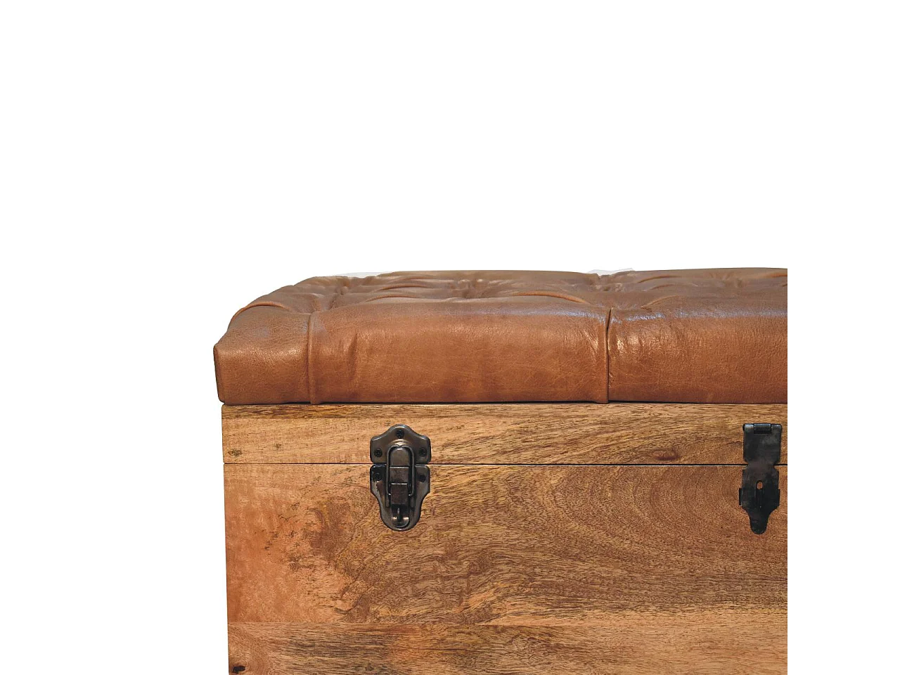 Artisan Furniture Bois massif Coffre de Rangement en Cuir de Buffle Finition Chêne Clair