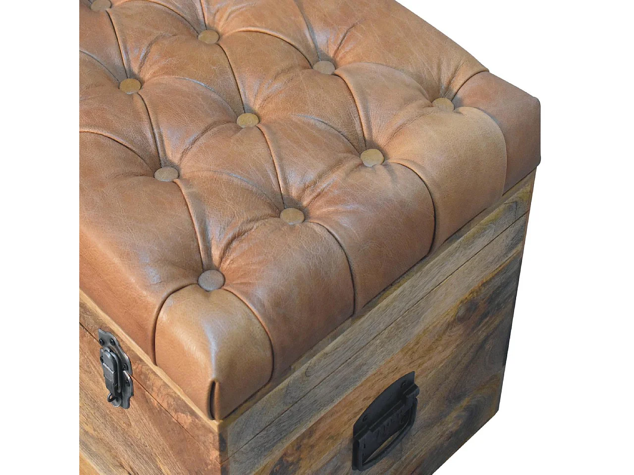 Artisan Furniture Bois massif Coffre de Rangement en Cuir de Buffle Finition Chêne Clair