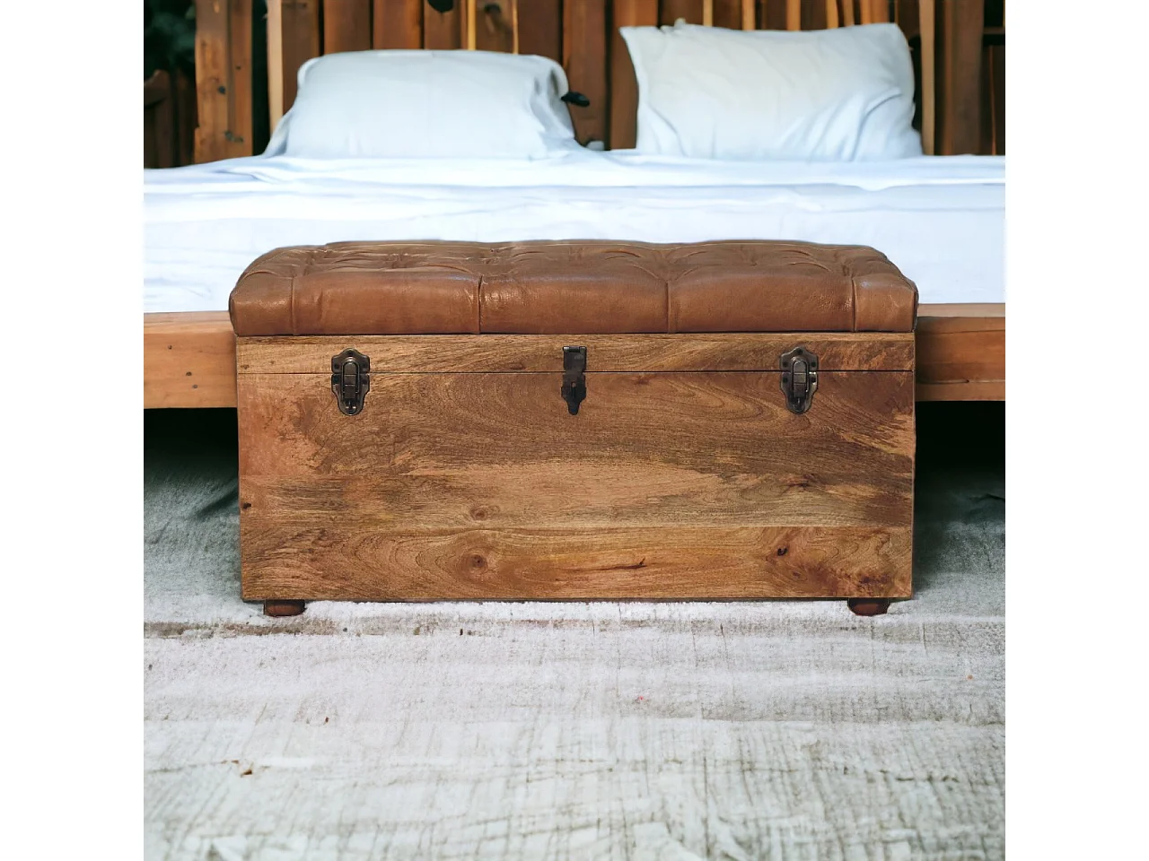 Artisan Furniture Bois massif Coffre de Rangement en Cuir de Buffle Finition Chêne Clair