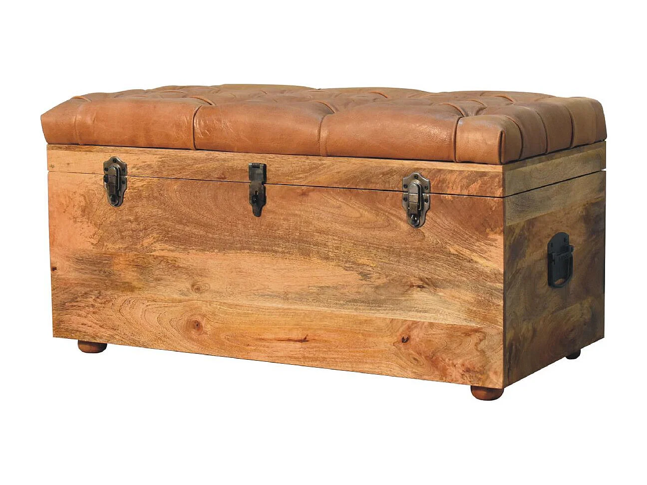 Artisan Furniture Bois massif Coffre de Rangement en Cuir de Buffle Finition Chêne Clair