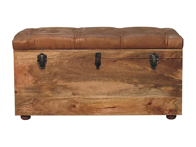 Artisan Furniture Bois massif Coffre de Rangement en Cuir de Buffle Finition Chêne Clair