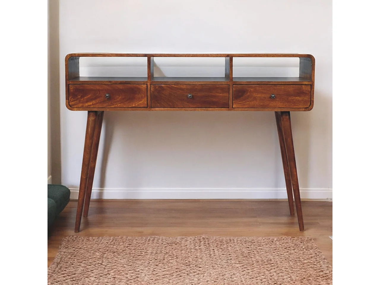 Console triple courbure en châtaignier Artisan Furniture, 3 tiroirs, 3 étagères, marron