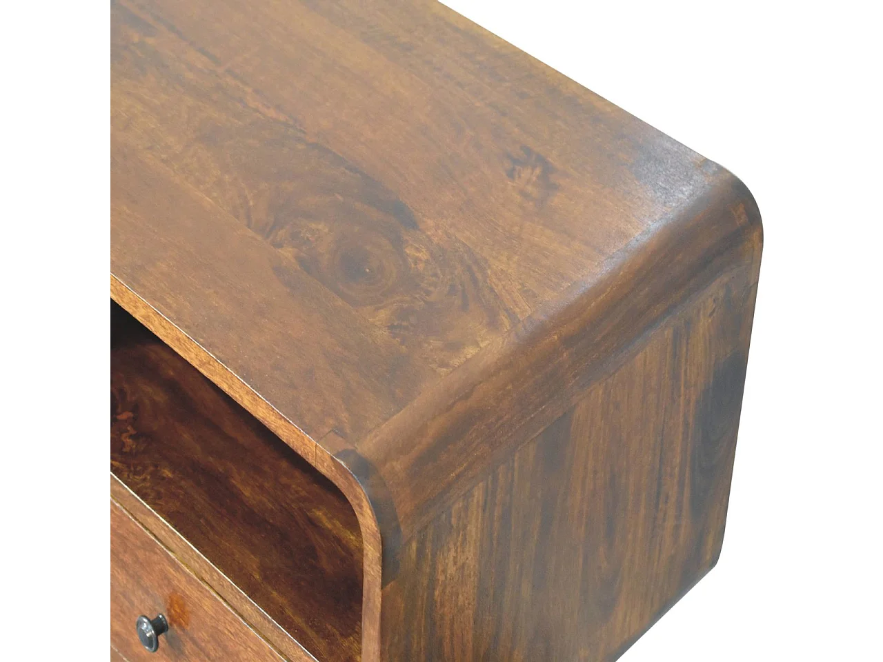 Console triple courbure en châtaignier Artisan Furniture, 3 tiroirs, 3 étagères, marron