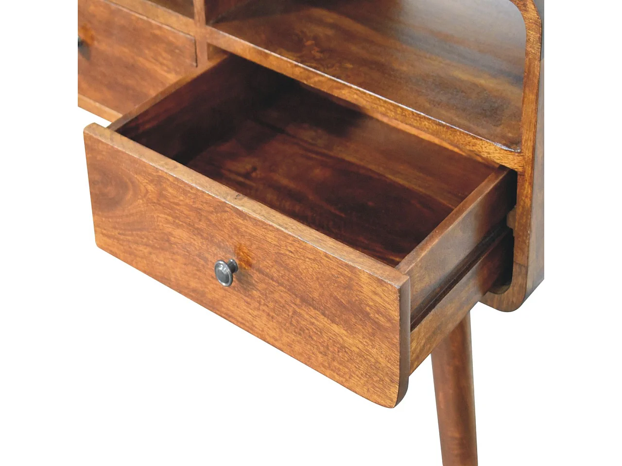 Console triple courbure en châtaignier Artisan Furniture, 3 tiroirs, 3 étagères, marron