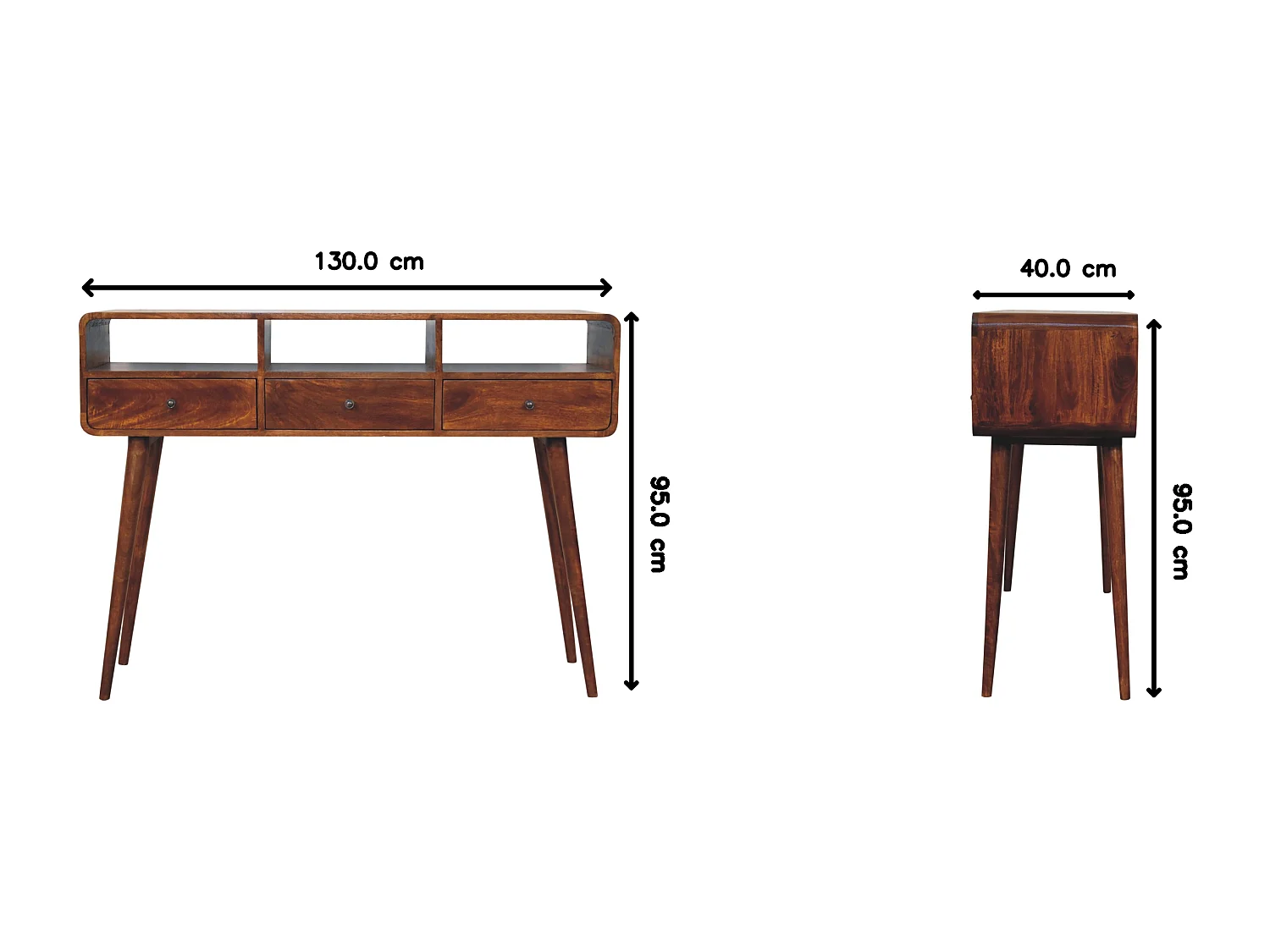 Console triple courbure en châtaignier Artisan Furniture, 3 tiroirs, 3 étagères, marron
