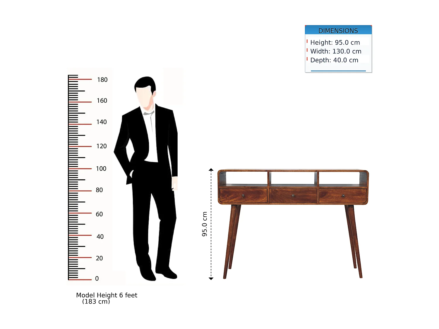 Console triple courbure en châtaignier Artisan Furniture, 3 tiroirs, 3 étagères, marron