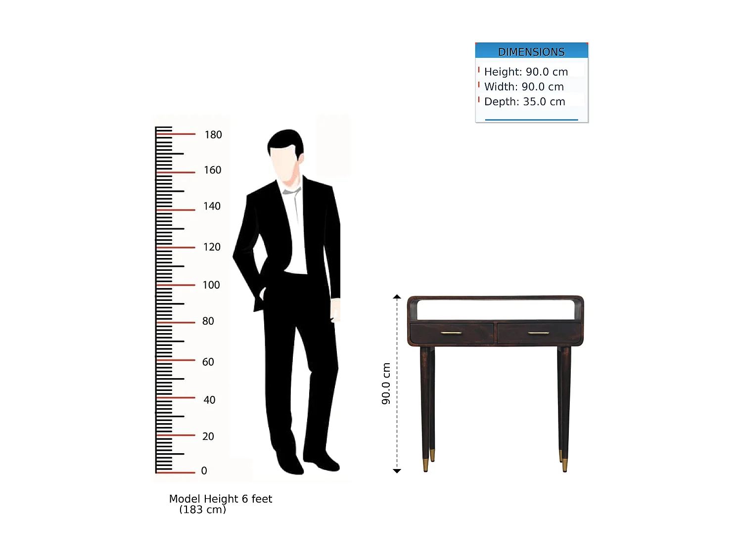 Artisan Furniture Bois massif Bureau Console Apollo Loop, 2 tiroirs, Brun foncé