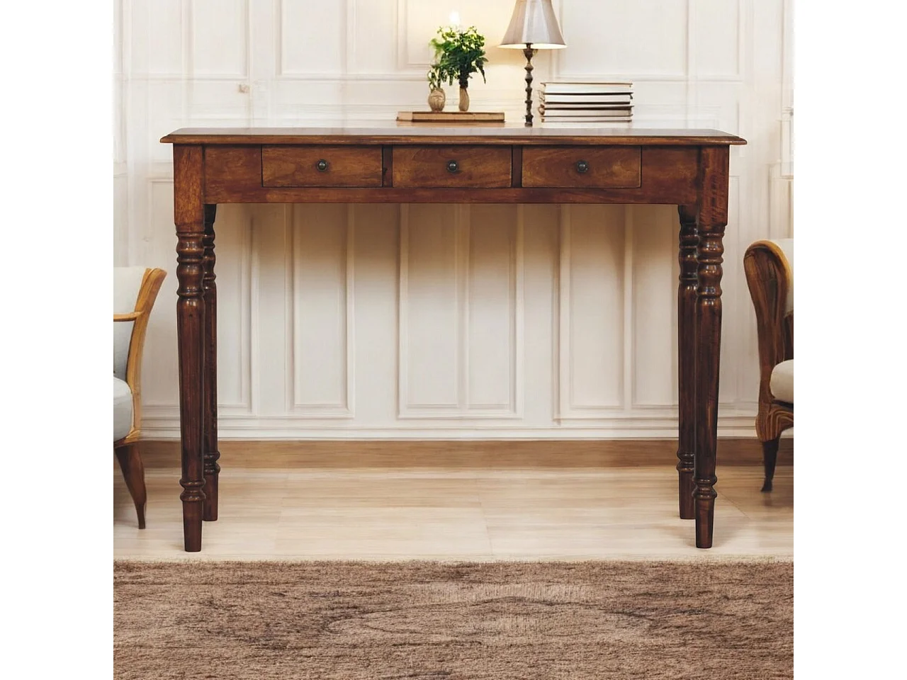 Artisan Furniture Bois massif Console en Châtaignier à 3 Tiroirs et Pieds Tournés