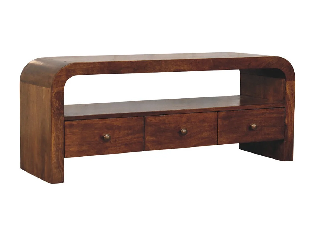 Artisan Furniture Bois massif Meuble TV Darcy, 3 Tiroirs et Étagère Ouverte en Châtaignier