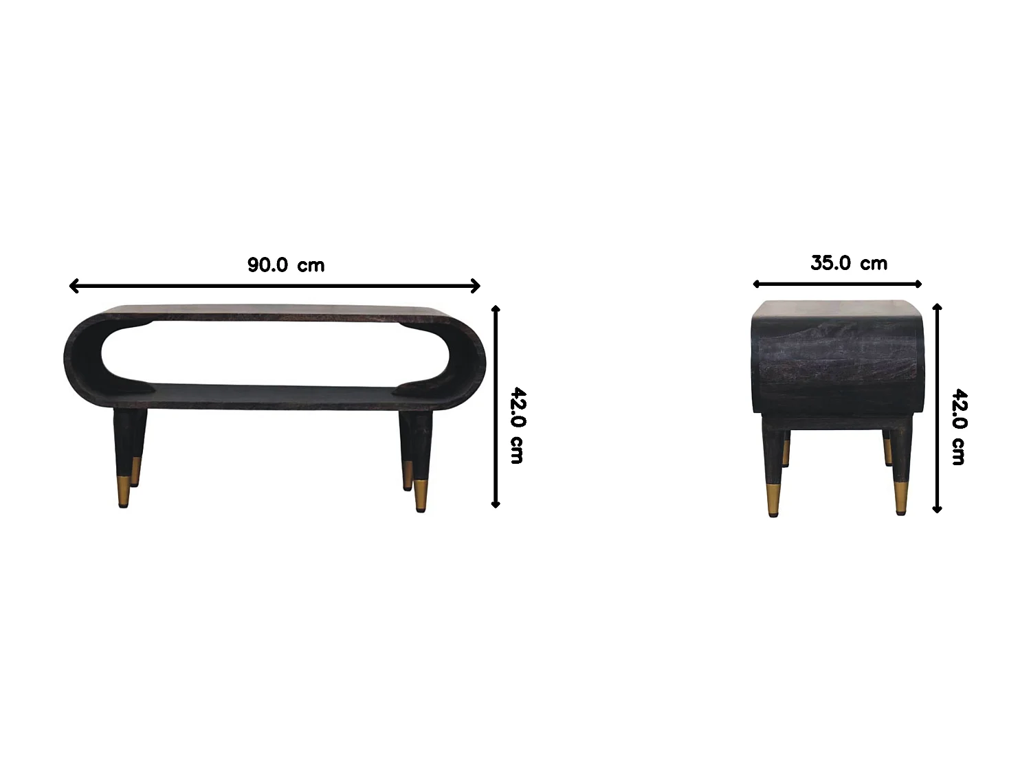 Meuble TV à bords courbés Artisan Furniture avec accents en laiton, 1 compartiment ouvert, brun foncé