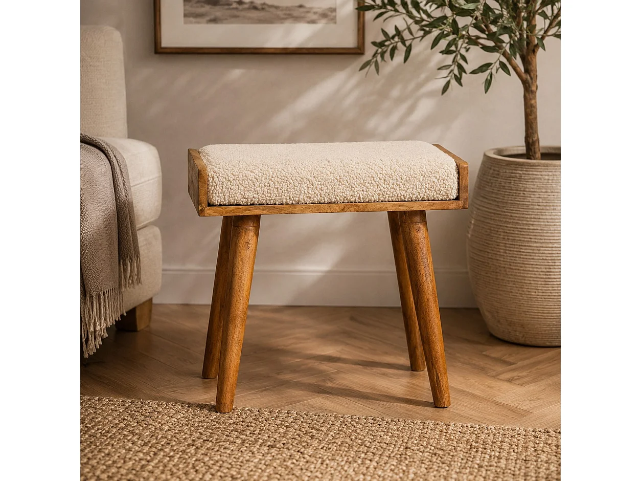 Artisan Furniture Solid Wood Footstool Style Top in Cream Bouclé Fabric