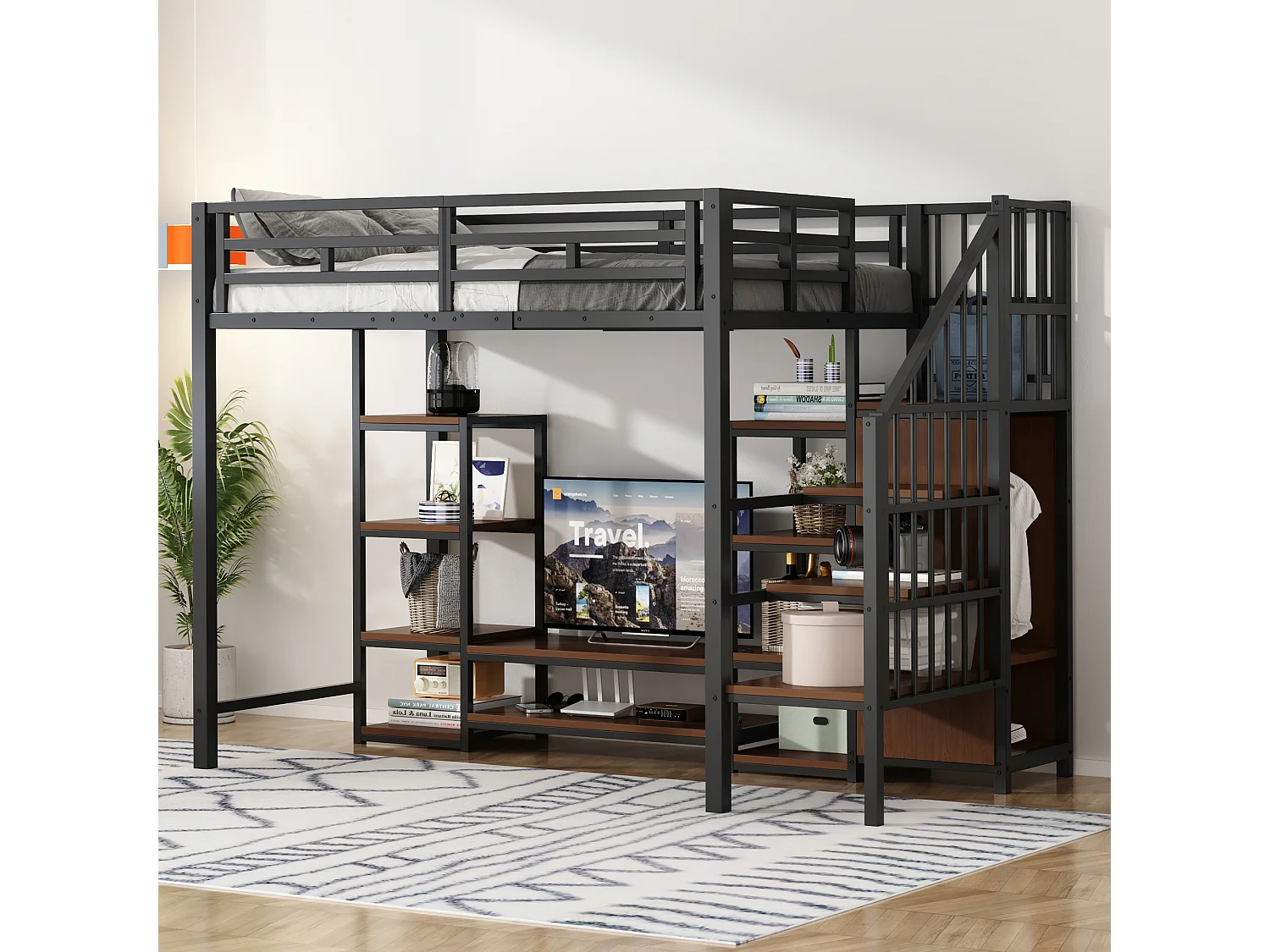 Hochbett (90 x 200 cm) mit TV-Ständer, Steckdose, Sicherheitsleiter, Metall- und Holzkonstruktion, platzsparend mit Stauraum, schwarz