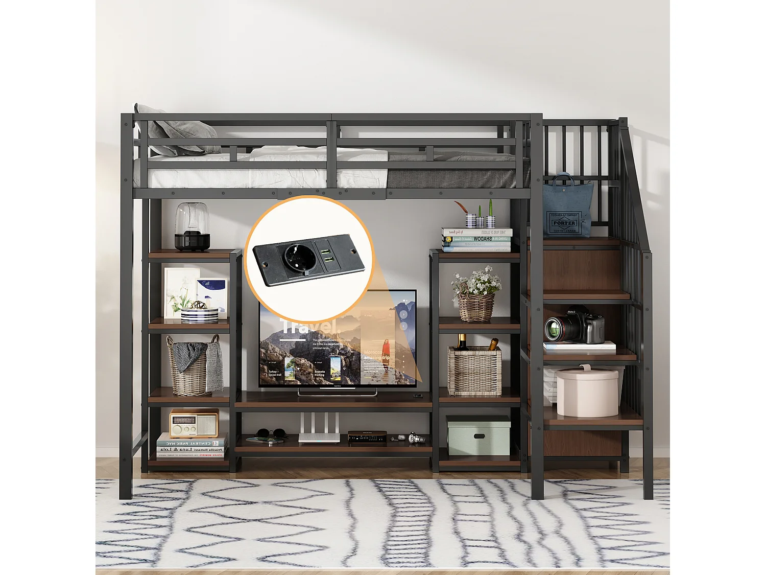 Hoogslaper 90x200 cm met tv-meubel, stopcontact, veiligheidsladder, metalen en houten constructie, ruimtebesparend met opbergruimte, zwart