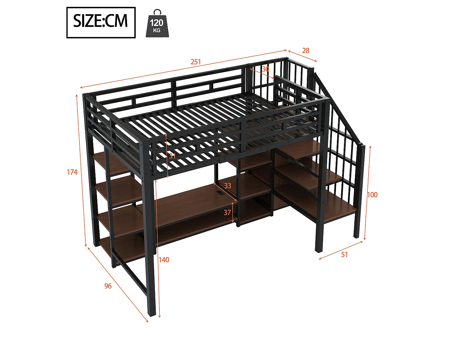 Hoogslaper 90x200 cm met tv-meubel, stopcontact, veiligheidsladder, metalen en houten constructie, ruimtebesparend met opbergruimte, zwart
