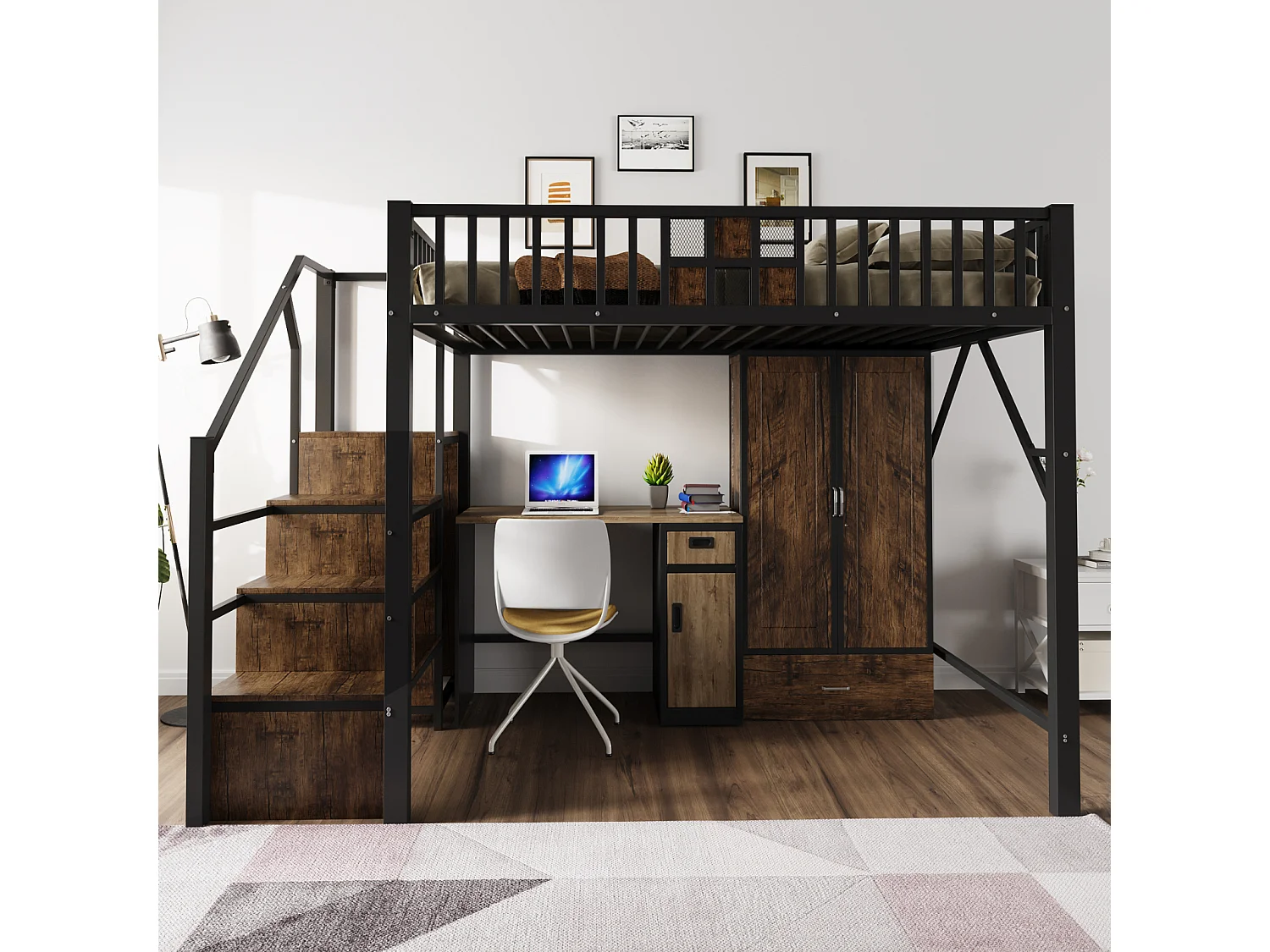 Cama alta de 140x200 cm con un diseño distintivo de barandilla de madera y metal, amplio armario, cajones y escalera de almacenamiento, color negro.