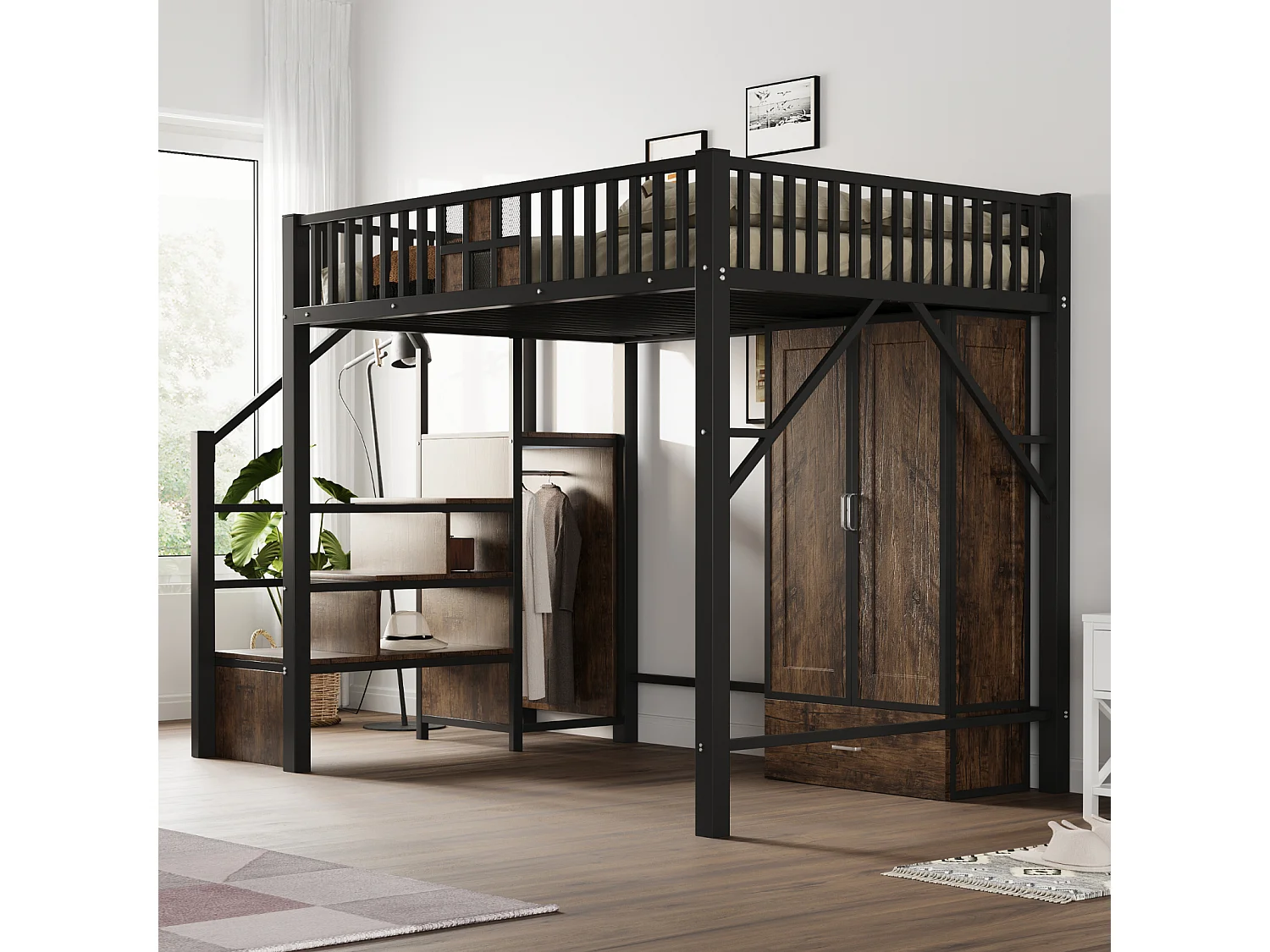 Cama alta de 140x200 cm con un diseño distintivo de barandilla de madera y metal, amplio armario, cajones y escalera de almacenamiento, color negro.