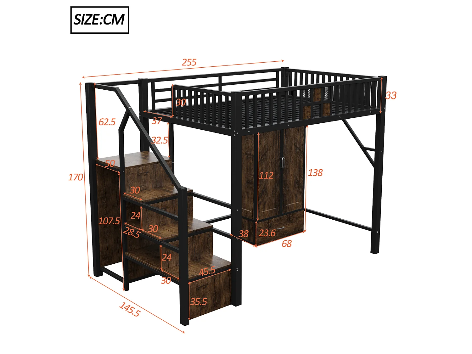 Cama alta de 140x200 cm con un diseño distintivo de barandilla de madera y metal, amplio armario, cajones y escalera de almacenamiento, color negro.