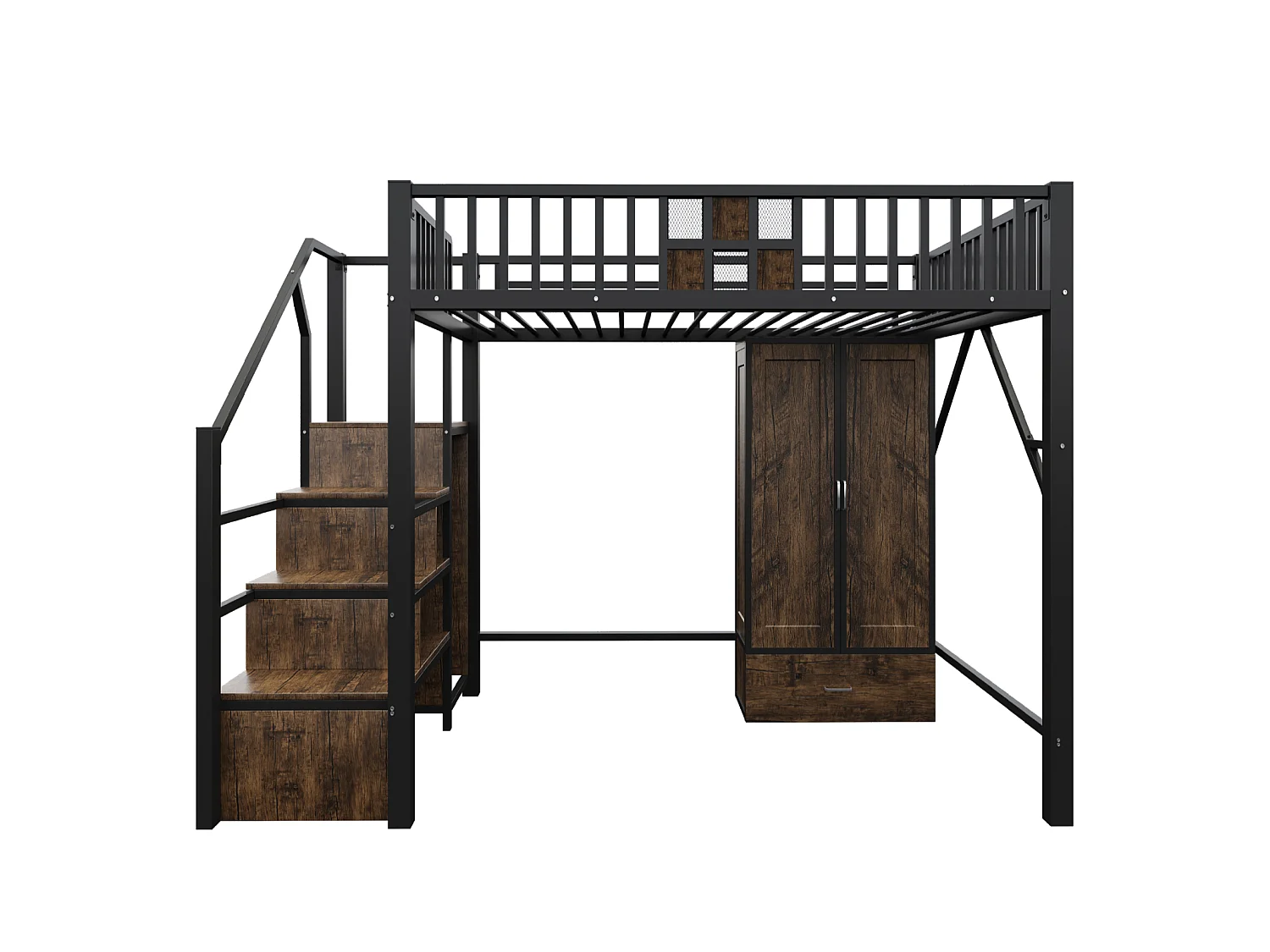 Cama alta de 140x200 cm con un diseño distintivo de barandilla de madera y metal, amplio armario, cajones y escalera de almacenamiento, color negro.