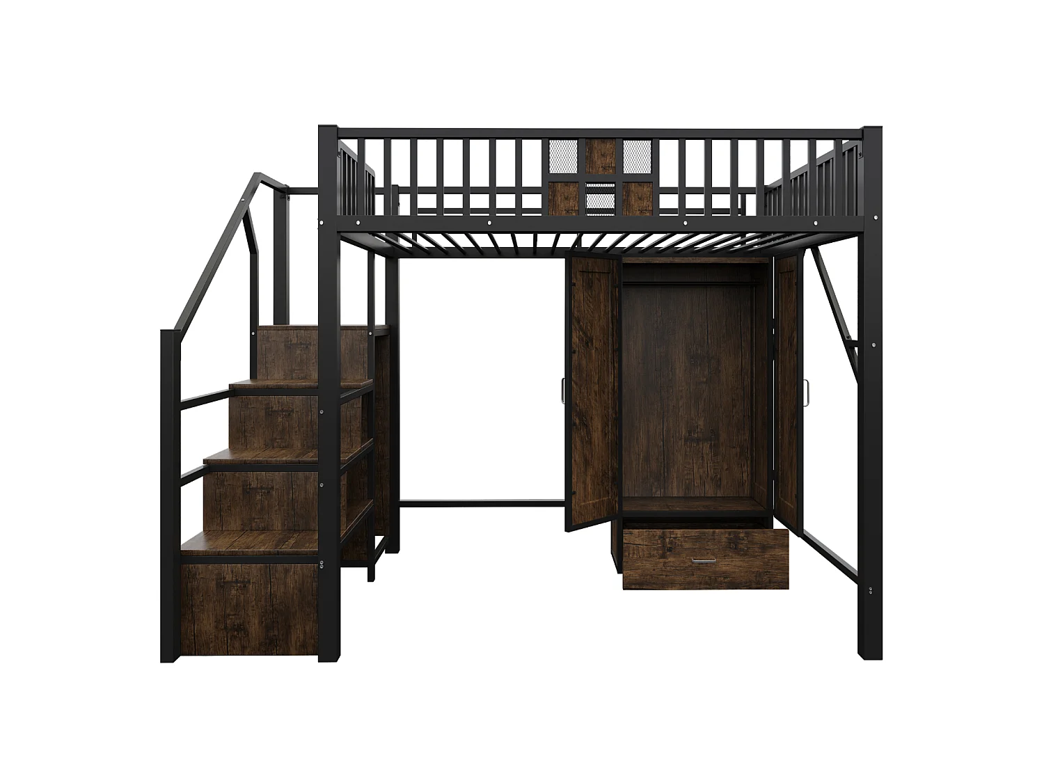 Cama alta de 140x200 cm con un diseño distintivo de barandilla de madera y metal, amplio armario, cajones y escalera de almacenamiento, color negro.