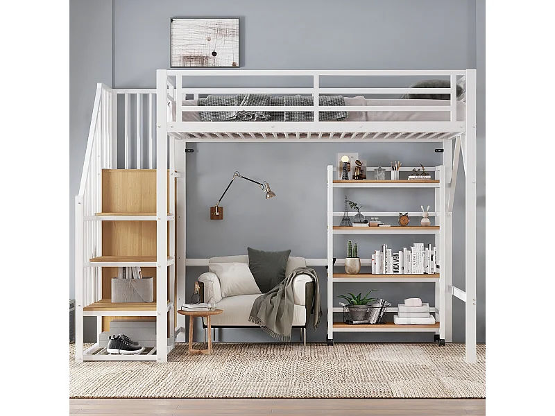 90 x 200 cm großes Metall-Hochbett mit 4-stufigem Regal auf Rollen, Sicherheitsgeländer, Eckkleiderschrank mit Kleiderstange, Metall und MDF, weiß und natur